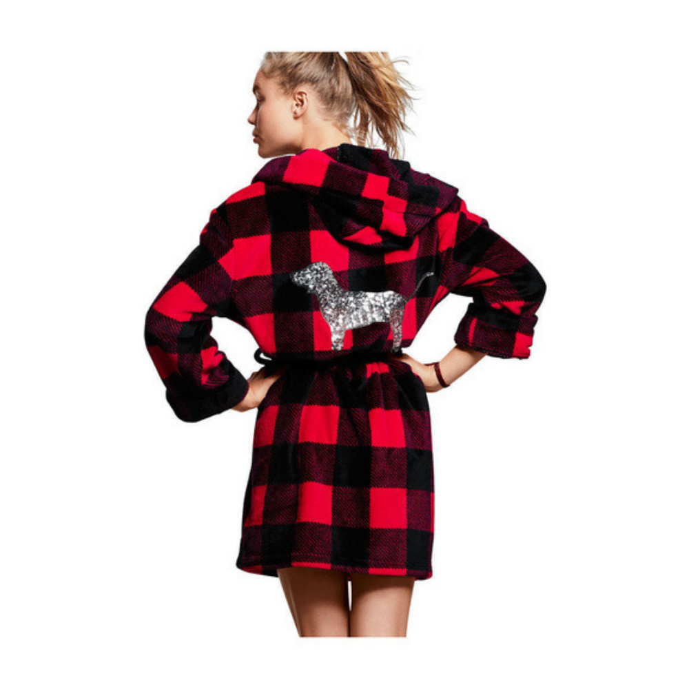 *BLING* VICTORIA'S SECRET Red Black Buffalo Plaid Cozy Christmas Robe Sequins